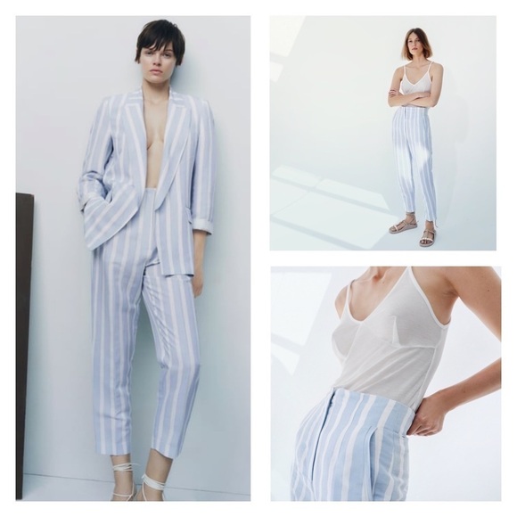 NWT ZARA Blue White Striped Linen Blend High Rise Cropped Trousers Size Medium - Picture 1 of 11